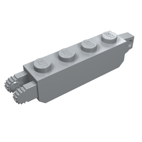 Gray LEGO 30387 Hinge Brick 1x4 locking, with a single toothed finger end and hinge pin hole.