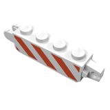 White LEGO 30387p02 Hinge Brick 1x4 Locking with red and white diagonal danger stripes pattern.