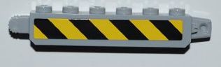 Light gray LEGO 1x6 hinge brick with black and yellow danger stripes, 5 studs, and 9 teeth on one end.