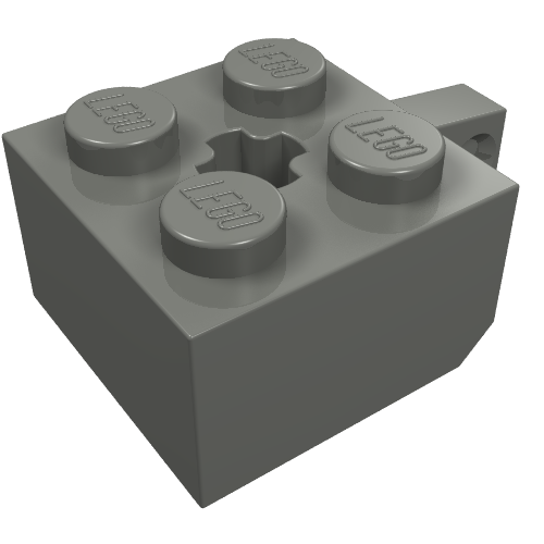 Dark gray LEGO 30389b Hinge Brick 2x2 Locking with 1 Finger Vertical and Axle Hole.