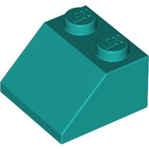 Dark turquoise LEGO Slope 45 2x2 brick, part 3039, with two visible studs.