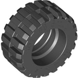 Dark gray LEGO tire, part 30391, with a 30.4 x 14 offset tread pattern, shown at an angle.