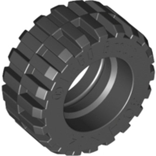 Dark gray LEGO tire, part 30391, with a 30.4 x 14 offset tread pattern, shown at an angle.