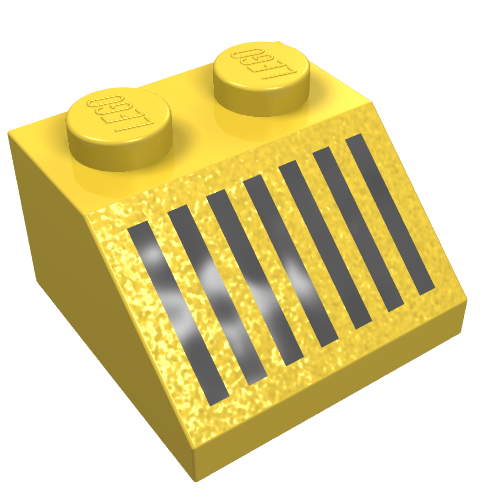 Yellow LEGO 3039p05 Slope 45 2 x 2 brick with a black grille pattern of 7 vertical lines on its sloped face.