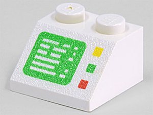 White LEGO Slope 45 2 x 2 brick with a green computer screen pattern and yellow, green, red buttons on the right.