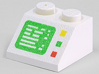 White LEGO Slope 45 2 x 2 brick with a green computer screen pattern and yellow, green, red buttons on the right.