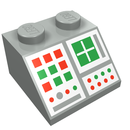 LEGO 3039p34 light gray slope 2x2 brick with computer panel pattern featuring red/green squares, a green cross, and lights.