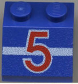 Blue LEGO Slope 45 2x2 brick with a red number 5 and a white horizontal stripe pattern.