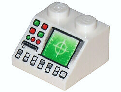 White LEGO 2x2 slope brick with green radar screen, crosshair, indicator lights, disk slot, and numeric display.