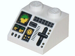 White LEGO Slope 45 2x2 with intricate aircraft control panel print: green/yellow horizon, buttons, silver slider, and switches.