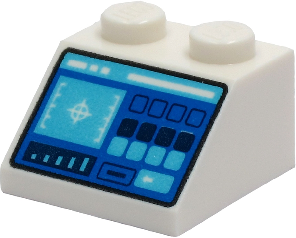 White LEGO 2x2 slope brick with control panel print. Features medium azure and dark blue buttons, crosshairs, bar chart, and slot.