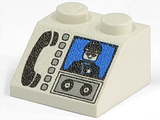 White LEGO 45 2x2 slope brick with a printed black phone, light gray buttons, a minifigure on a blue screen, and tape reels graphic.