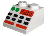 White LEGO Slope 45 2 x 2 brick with black, green, and red buttons and a '15.00' pattern.