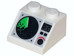 White LEGO Slope 45 2x2 brick with black and green radar screen, digital '38', buttons, and red dial pattern.