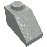 Grey LEGO Slope 45 2x1 brick (part 3040a). Features one stud with the LEGO logo and a textured 45-degree sloped face.