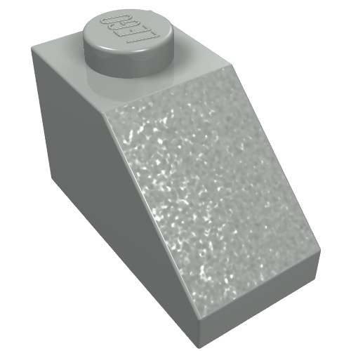 Grey LEGO Slope 45 2x1 brick (part 3040a). Features one stud with the LEGO logo and a textured 45-degree sloped face.