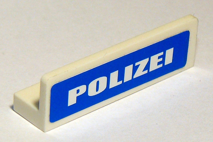 LEGO 1x4x1 white panel, part 30413pb020, with 'POLIZEI' in white on a blue background.