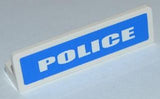 White LEGO 1x4x1 panel with 'POLICE' in bold white text on a blue background, part 30413pb027.