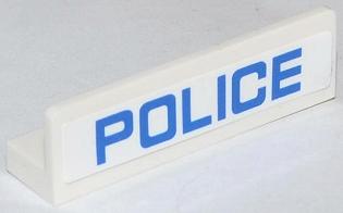 White LEGO 1x4x1 panel with blue 'POLICE' text in a thin narrow font pattern.