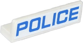 White LEGO 1x4x1 panel with blue 'POLICE' in thin font, a sticker. Part 30413pb044 from sets 60047 and 60049.