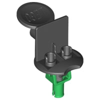 Black LEGO Sports Minifigure Stand Soccer with spring and green pin, featuring a round top, vertical back, and two studs on the base.