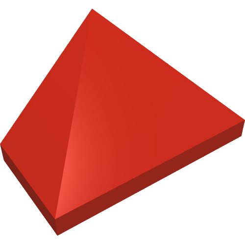 Red LEGO 3048a Slope 45 2 x 1 Triple without inside bar or bottom stud holder, an angled view.