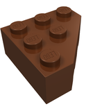 Brown LEGO 3x3 wedge facet brick (part 30505) with 6 studs, each embossed with 'LEGO'.