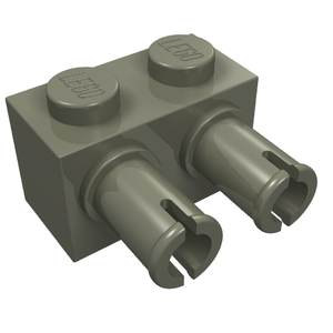 LEGO part 30526: Dark grey 1x2 modified brick with two studs and two Technic pin connectors.