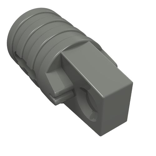 Grey LEGO 30552 Hinge Cylinder 1x2 Locking, with ribbed end, single finger, and square end with axle hole and slots.