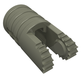 Grey LEGO 30553 Hinge Cylinder 1x2 Locking with a single finger, axle hole, and slotted ends.
