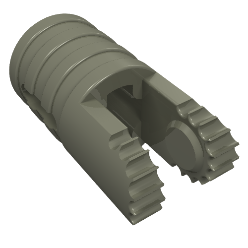 Grey LEGO 30553 Hinge Cylinder 1x2 Locking with a single finger, axle hole, and slotted ends.