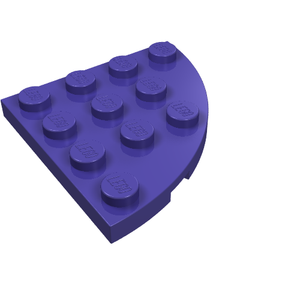 A purple LEGO 4x4 round corner plate with studs on top, each embossed with the LEGO logo.