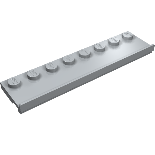 Light gray LEGO 30586 Plate, Modified 2 x 8 with Door Rail, showing 8 studs and the rail.