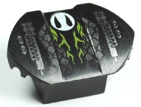 Black LEGO brick 30600pb02, modified 2x2 sloped, flared wings, snake scales, white logo, green flames, silver pistons.