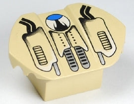 Tan LEGO 30600pb03 modified 2x2 sloped brick with flared wings, featuring a printed pattern of two dusters and a central object with a blue dome.