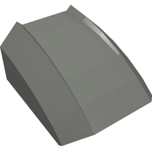 Angled view of a grey LEGO 30602 Slope, Curved 2 x 2 Lip piece, highlighting its smooth curve and distinct side lips.