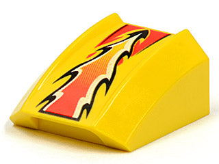 Yellow LEGO Slope, Curved 2 x 2 Lip with Red, White and Black Flame Pattern