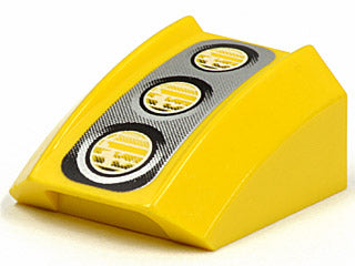 A bright yellow LEGO 30602pb021 curved 2x2 slope piece with a 3 headlight pattern on a faded silver textured background.