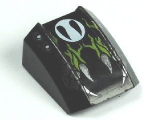 Black LEGO Slope, Curved 2 x 2 Lip with light blue circle, green flames, and white snake fangs pattern.