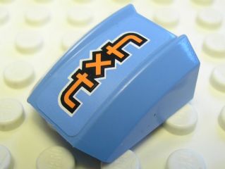 Light blue LEGO curved 2x2 slope with an orange and black outlined '4x4' pattern on a white studded base.