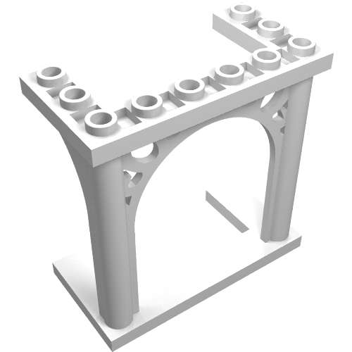 White LEGO Arch 3 x 6 x 5 Ornamented, featuring a base, two columns, an arched top with decorative cutouts, and studs.