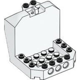 White LEGO 30619 Cockpit 6x6x5 with Hinge element, showing studs on top and base, and pin holes on the front edge.