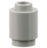 Light gray LEGO 3062 round 1x1 brick, cylindrical with a stud connector on top, on a white background.
