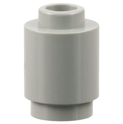 Light gray LEGO 3062 round 1x1 brick, cylindrical with a stud connector on top, on a white background.