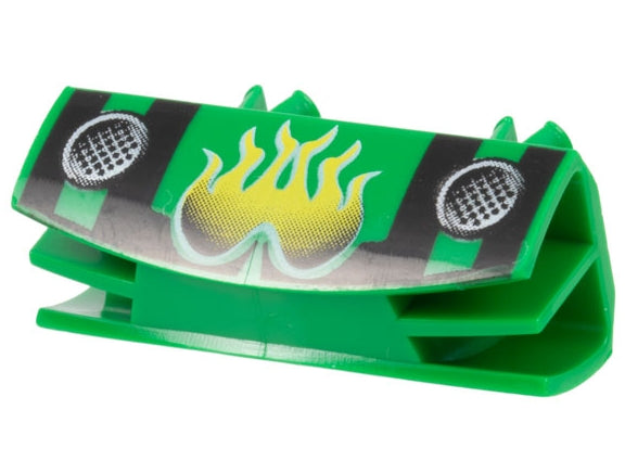 Green LEGO 1x4 vehicle grille with 2 pins, decorated with yellow flames, black stripes, and two white gridded circles.
