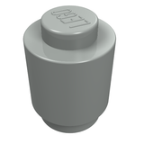 Light gray LEGO 3062a round 1x1 brick with a solid stud and bottom lip, featuring the LEGO logo on top.