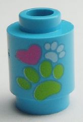 Light blue LEGO Brick, Round 1 x 1, with a pink heart and white and green paw prints pattern.