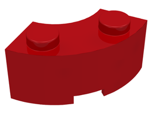 Red LEGO 3063 2x2 round corner macaroni brick with stud notch, viewed from an angle.