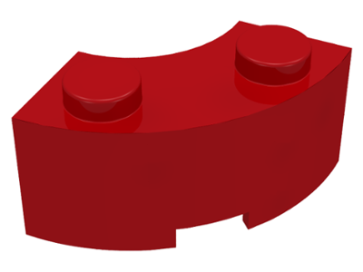 Red LEGO 3063 2x2 round corner macaroni brick with stud notch, viewed from an angle.