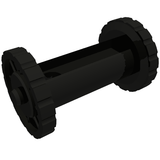 Black LEGO 30635 String Reel 1 x 4 x 2 Drum with Friction Spokes, viewed at an angle on a white background.